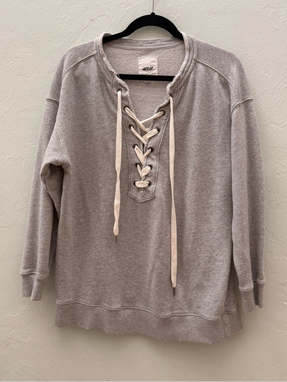 aerie Gray Lace-Up Pullover Sweatshirt with Cream Laces